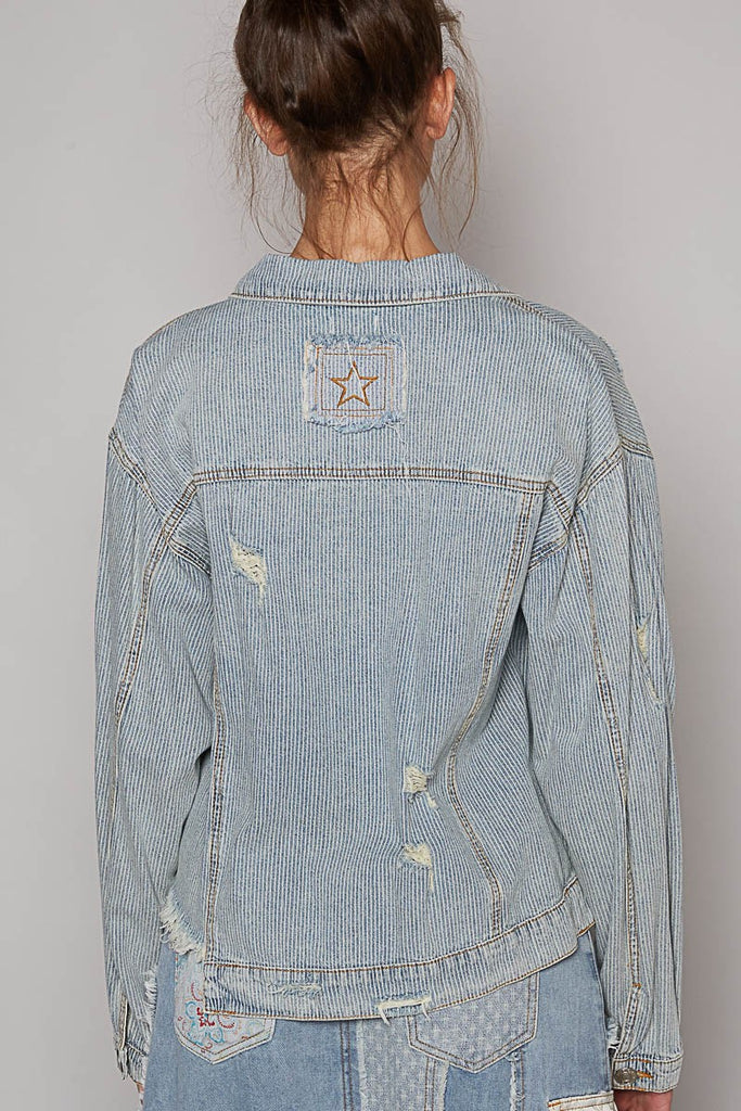 POL Lt Wash Striped Denim Distressed Jacket - The Gypsy Belle Boutique