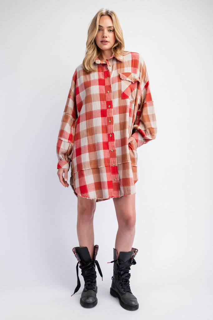 Easel - Red Plaid Oversized Shirt Dress - The Gypsy Belle Boutique