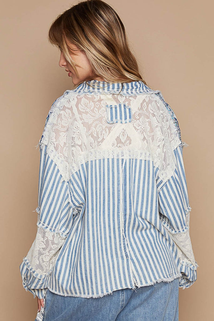 POL Blue Striped Lace Patchwork Jacket Top - The Gypsy Belle Boutique