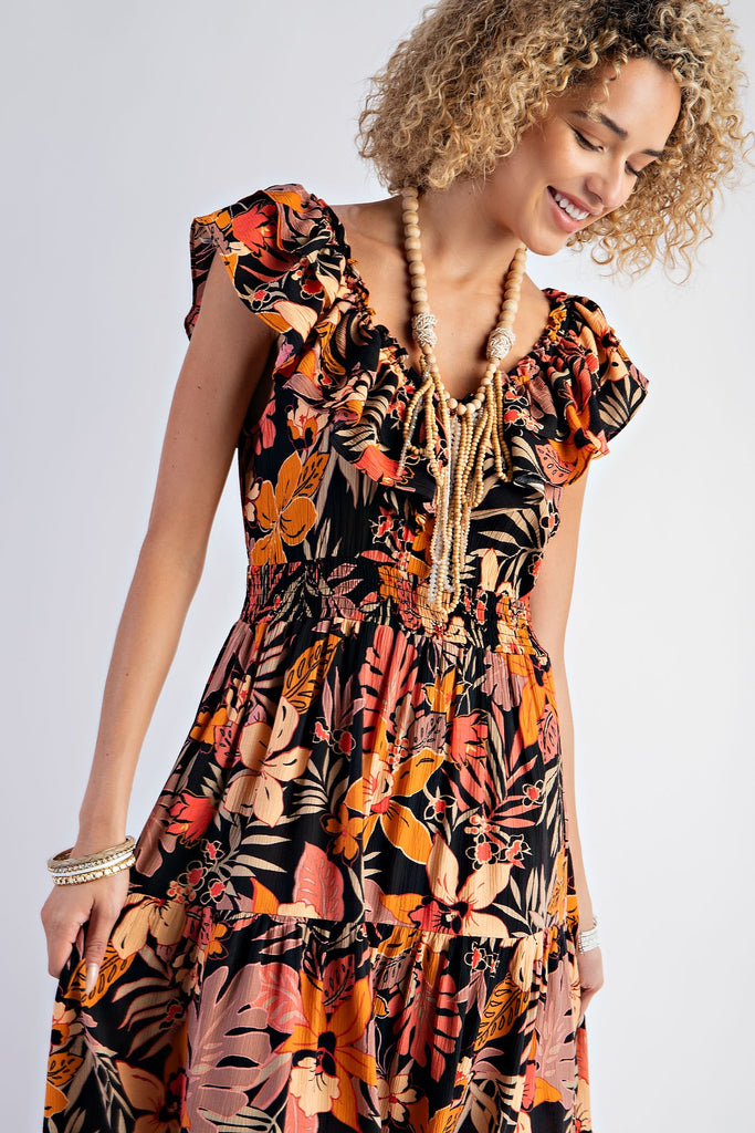 Easel - Tropical Print Peach Blossom Tiered Maxi Dress - The Gypsy Belle Boutique