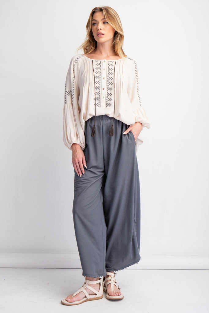 Easel - Ash Grey Poly-Linen Mini Tassel Pants - The Gypsy Belle Boutique