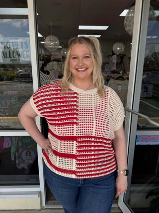 Red & cream open weave block crochet top with short sleeves, round neck. Stylish, breathable design. Final sale.