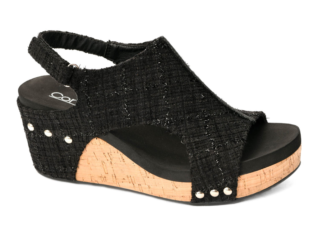 Corkys Black Tweed Carly Wedge Sandal - The Gypsy Belle Boutique