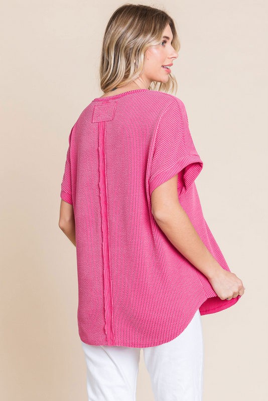 Jodifl - Hot Pink Comfy Cord Split Neck Top - The Gypsy Belle Boutique