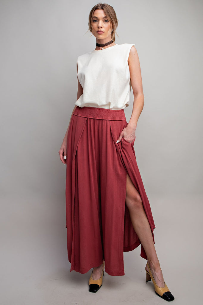 Easel - Red Bean Split Front Wide Leg Pants - The Gypsy Belle Boutique