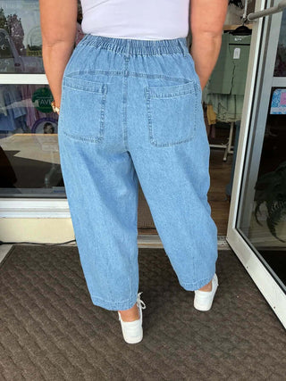 Cozy Chambray Gypsy Fit Ankle Pant in White Birch, perfect for casual and stylish comfort.