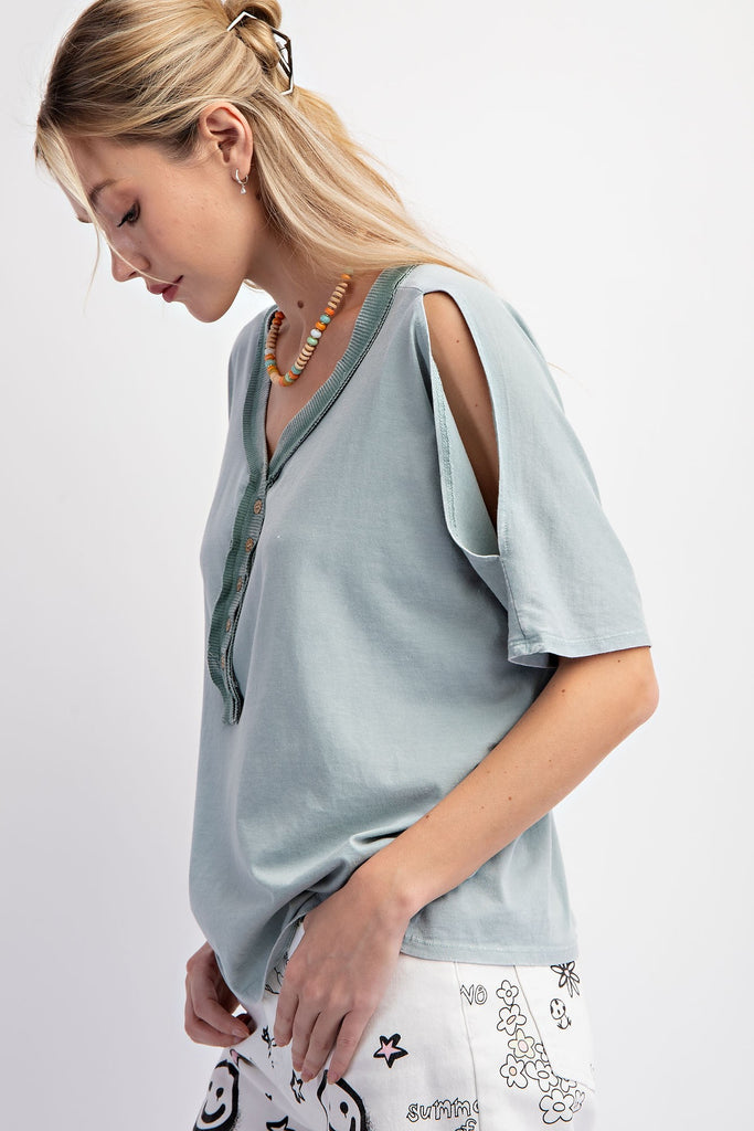 Easel - Sage Cold Shoulder Button Down Top - The Gypsy Belle Boutique