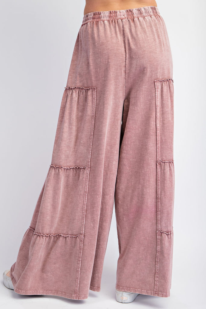 Easel Mauve Mineral Wash Tiered Wide Leg Pant - The Gypsy Belle Boutique