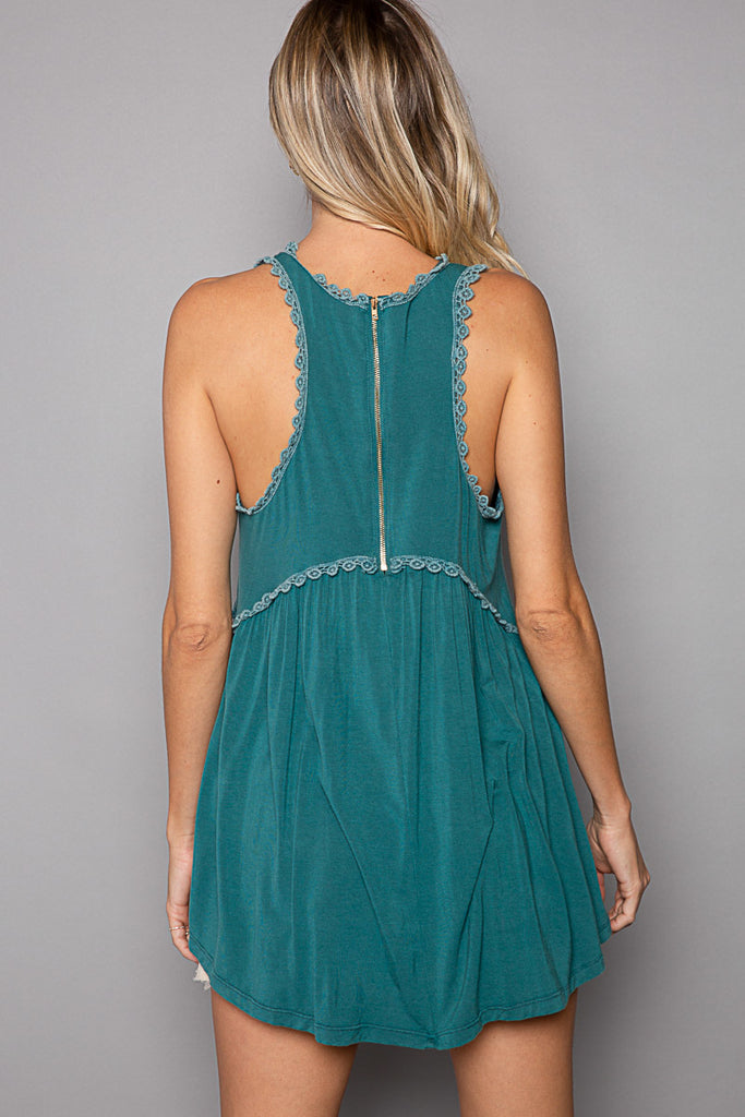 POL - Deep Teal Crochet Trim Sleeveless Top - The Gypsy Belle Boutique