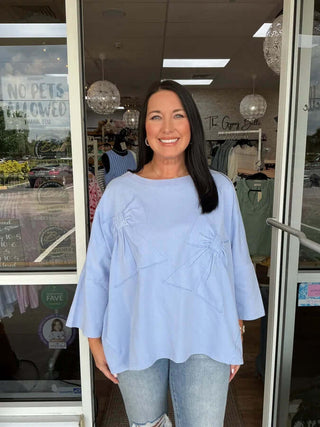 Chic Blue Velvet Bow Patch Oversized Top - Available in 2 Colors, Perfect for Stylish and Cozy Looks