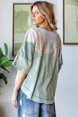 Sage Mineral Washed Patchwork Henley Top with button placket and mix-texture design, perfect for stylish, casual looks.