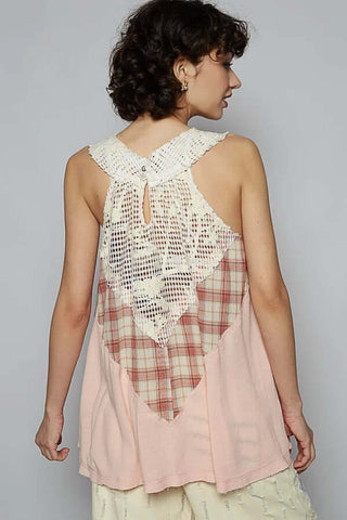 POL Peachy Pink Plaid Lace Top for Women, Stylish Short Sleeve Blouse, Final Sale, Perfect for Casual or Office Wear