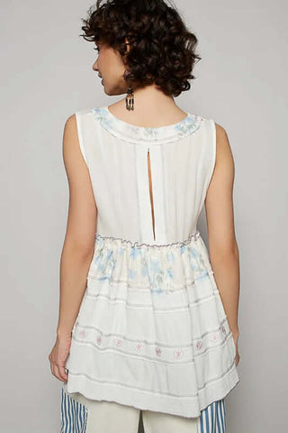 POL White & Floral Sleeveless Top - Final Sale: Chic summer top with vibrant floral design, perfect for warm-weather style.