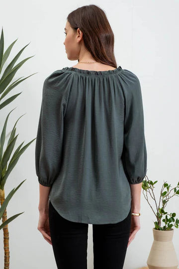 Blu Pepper - Forest Green Split Neck 3/4 Sleeve Top - The Gypsy Belle Boutique