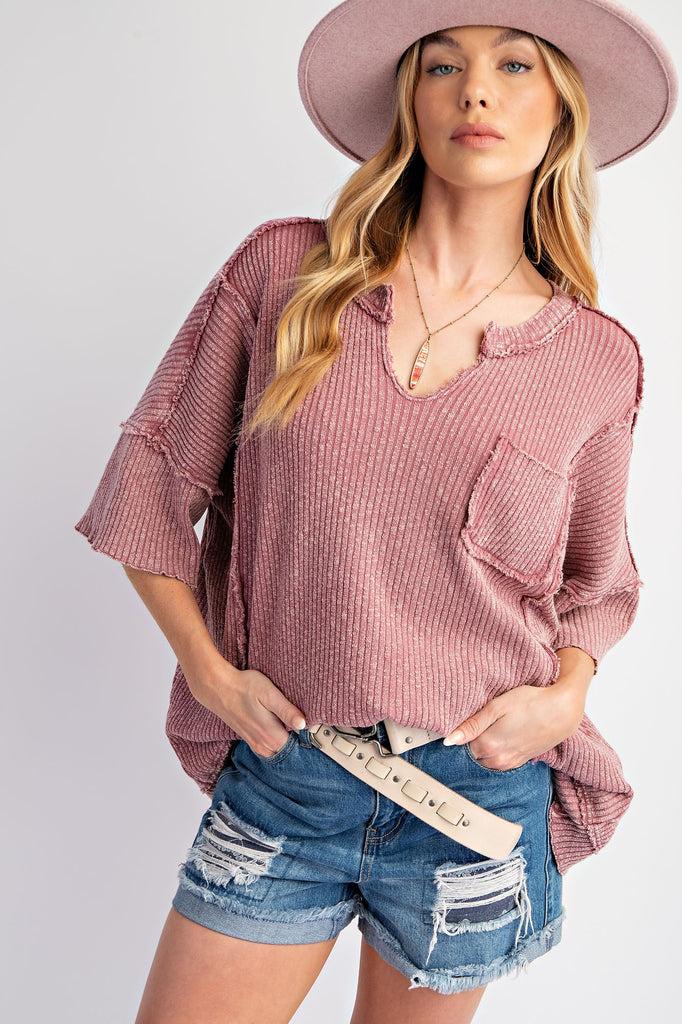 Easel Faded Plum Short Slv Mineral Wash Top - The Gypsy Belle Boutique