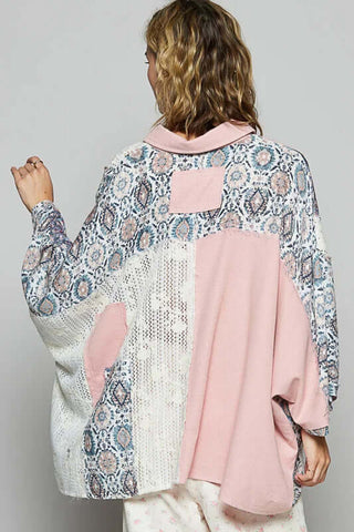 Stylish POL Pink & Indigo Mix Print Oversized Top with vibrant patterns, perfect for a trendy casual look.
