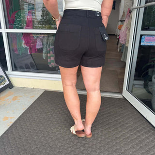 Alt text: "Stylish MICA Denim Black Trouser Shorts with classic design, perfect for casual or formal occasions.