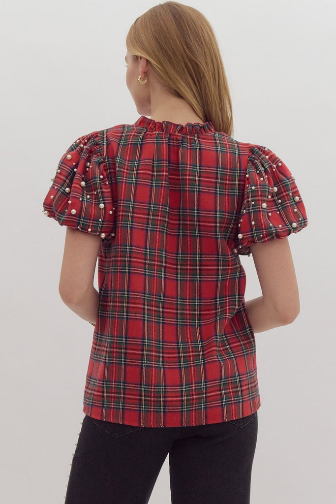 Red Tartan Plaid Puff Sleeve Pearl Top - The Gypsy Belle Boutique