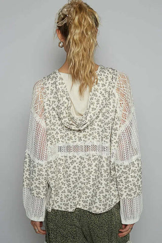 Women's Cream & Gray Floral Star Patch Hoodie Top with Crochet Detail - Chic & cozy casual fashion for cooler days.