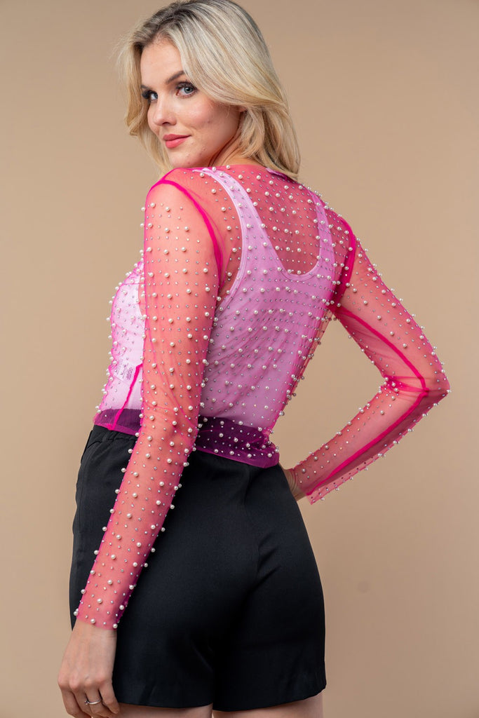 Pearl Beaded Pink Mesh Top - The Gypsy Belle Boutique