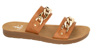 Corkys Seeing Double Brown Strappy Sandal on display, featuring intertwined leather straps and a comfortable footbed.