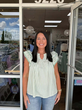 Sage green seersucker ruffle sleeve top by Umgee on final sale, perfect for a preppy and chic look.