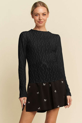 Black Round Neck Lace Bows Long Sleeve Layering Top featuring intricate lace detail with elegant bows; perfect for chic style layering.