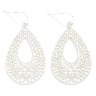 Silver Filigree Flower Teardrop Earrings