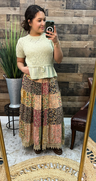 Boho Patchwork Tiered Maxi Skirt w/ Crochet Hem