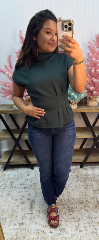 Entro Dark Green Short Slv Mock Neck Pleated Waist Top