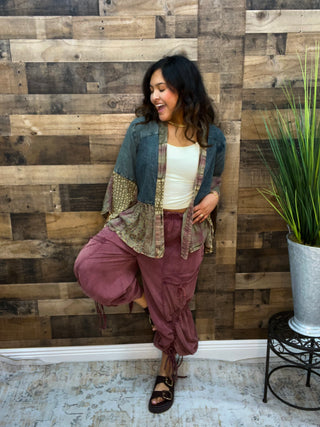 Young Threads Bell Slv Patchwork Denim Kimono Shrug