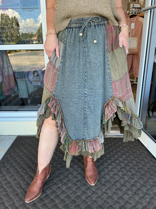 Young Threads Western Boho Patch Ruffled Midi Skirt