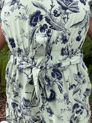 A & She Sage & Navy Floral Split Neck Midi Dress