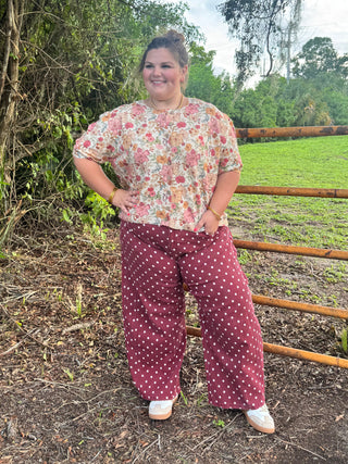 Alternate view of Moxie Dots BURGUNDY Gypsy Fit Barrel Pants
