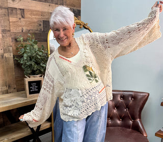 POL Natural Crochet Patchwork Style VNeck Top