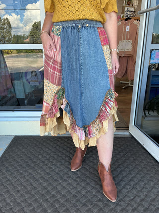 Young Threads Vintage Boho Patch Ruffled Midi Skirt