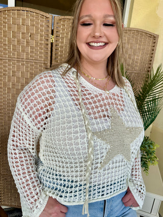 Alternate view of POL Shine Bright Star Ivory Open Weave Top

