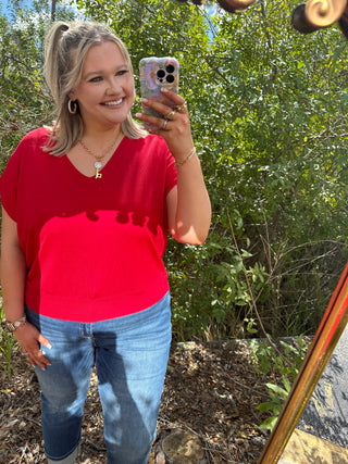 Alternate view of Like Love Red Cap Slv V Neck Knit Top
