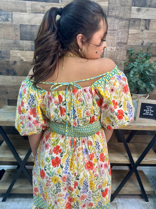 Alternate view of Jodifl Butter Yellow Floral Green Trim Peasant Midi Dress
