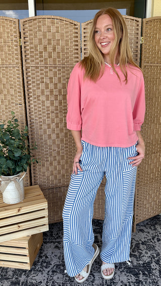 Alternate view of Breezy Beach Blue Striped Wideleg Jogger Pants
