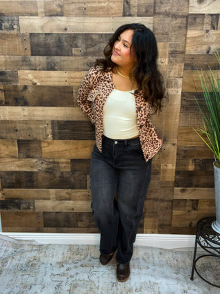 Listicle Mocha Leopard Button Up Jacket Top