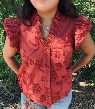 Entro Sleeveless Top with Embroidered Ruffle Collar, available in 3 colors, offers chic style and comfort for any occasion.