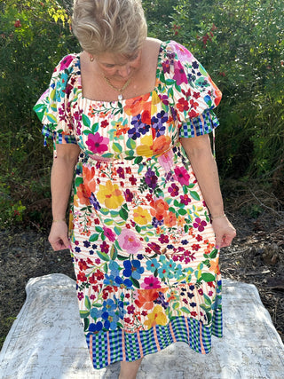 Oddi Carinival Bloom Floral Border Print Dress w/ Bubble Sleeve