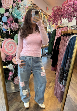 Pink Bow Sequin Mesh Long Slv Layering Top  w/ Thump Opening