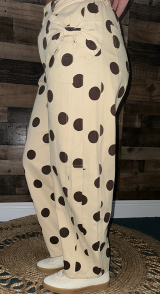 Oddi Beige w/ Brown Polka Dot Gypsy Fit Pants w/ Bow Pockets