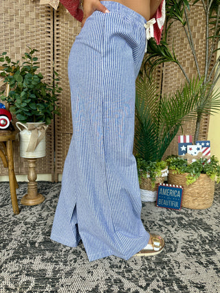 Alternate view of Cozy Co BLUE Stripe Wide Leg Pants w/ Elastic Waist
