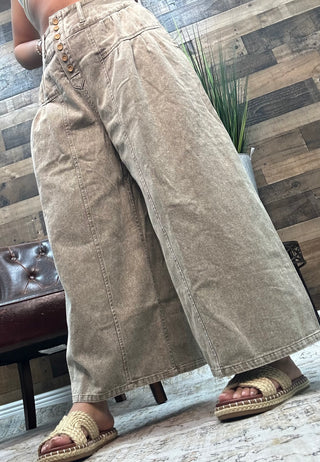 Olive Pleated Button Wide Leg Pant