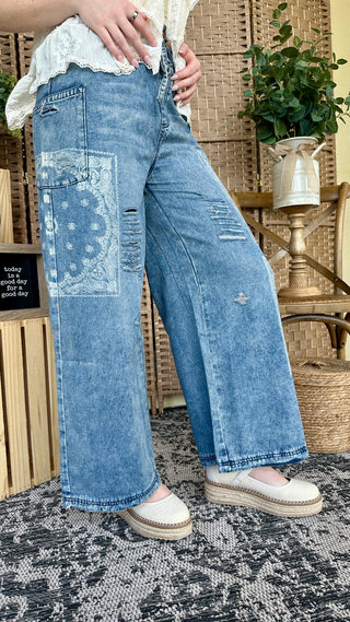 Alternate view of The Wanderer Washed Denim Distressed Wide Leg Pants
