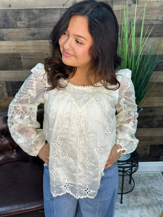 Listicle Ivory Eyelet Embroidered Sheen Top