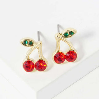 Elegant Cherry Rhinestone & Gold Stud Earrings, ideal for adding a touch of sparkle to any outfit.